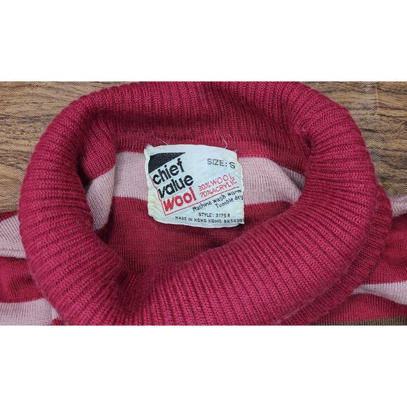 Vintage Turtleneck Sweater Wool Blend Dark Pink Striped Size Sm Knit - Picture 4 of 8